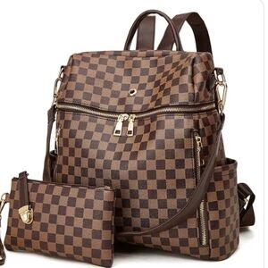 Brown Checkered Women's Backpack and Pouch Set